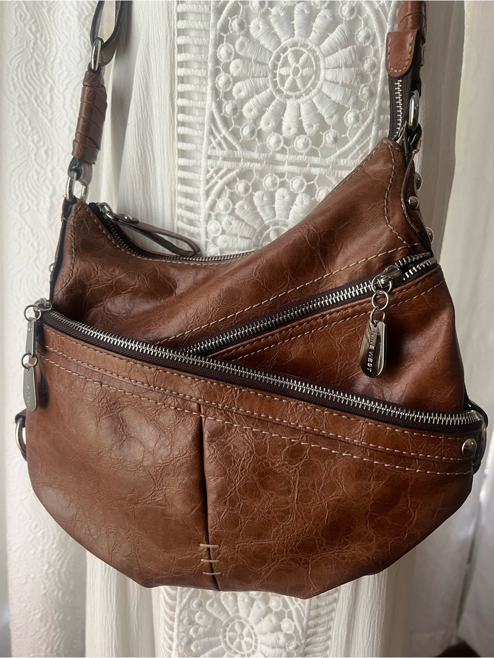 Nine West Cognac Brown Multi Zip Shoulder Bag Leopard Lining Y2K Hobo Purse